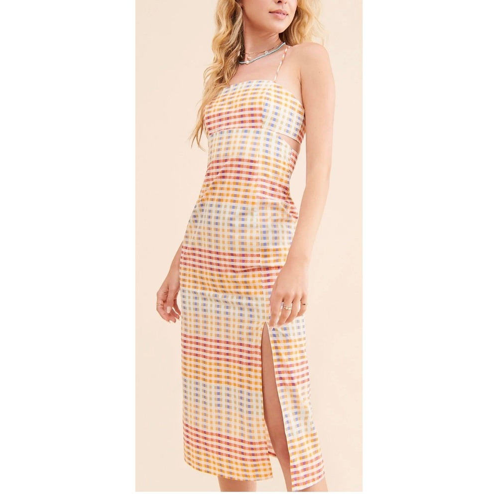 Another Girl Multi Color Gingham Midi Dress Cut Out Lace Up Back Small FP